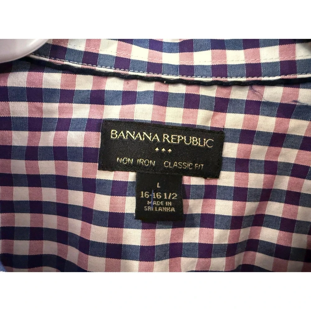 Banana Republic Men Classic Fit Non Iron Gingham Button Down Shirt Navy Purple L